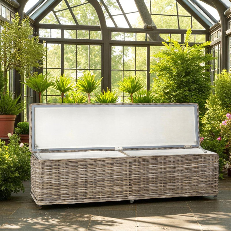 Banc de rangement rustique de 63 po de largeur, banc en rotin gris naturel élégant avec poignée pour ranger une couverture et plus