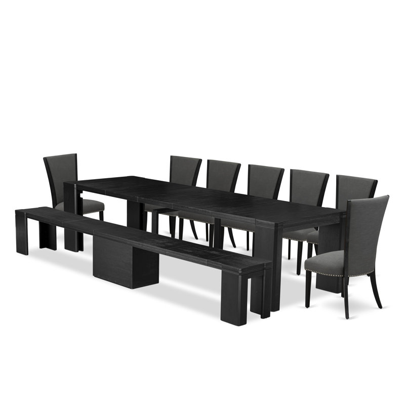 Ensemble de table de salle à manger 9 pièces comprenant une table de salle à manger rectangulaire, des bancs en bois et 7 chaises de salle à manger en tissu gris foncé Gotham, noir brossé