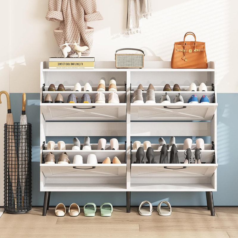 Space-Saving Freestanding Shoe Storage Cabinet with 4 Flip-Door Compartments and Multi-Functional Design, White
