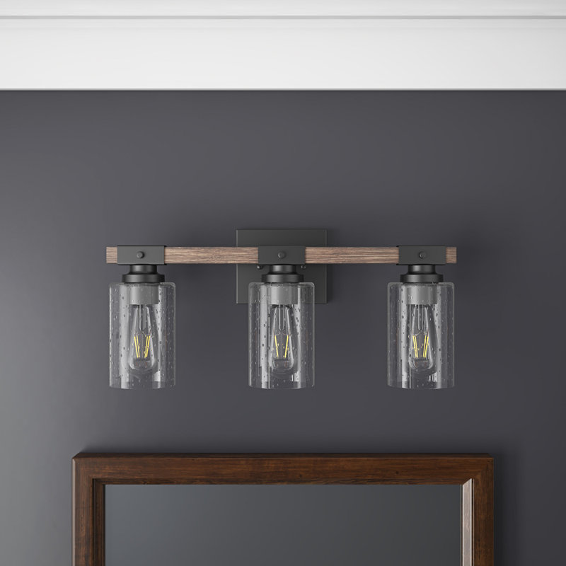 Luminaire pour meuble-lavabo élégant en verre bullé à 3 lumières de style grain de bois
