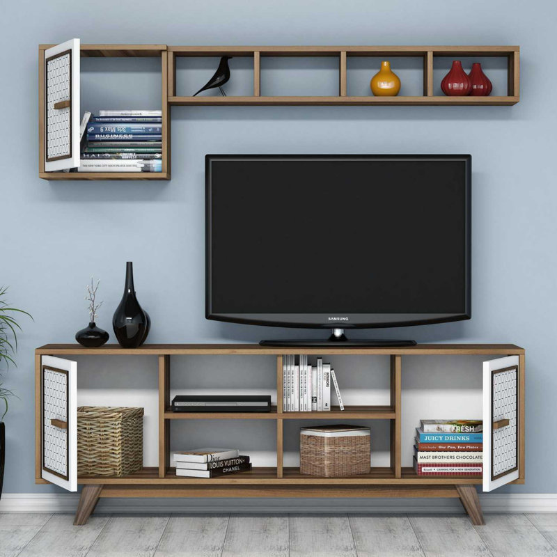 Modern TV Unit with Wall Shelf & Cabinet, Walnut & White, 63.0 x 22.1 x 13.8 inches | 100% Melamine Coated Particle Board, Thickness: 0.7 inches | Numerous Shelves, Wall-Mounted, Stylish Geometric Design
