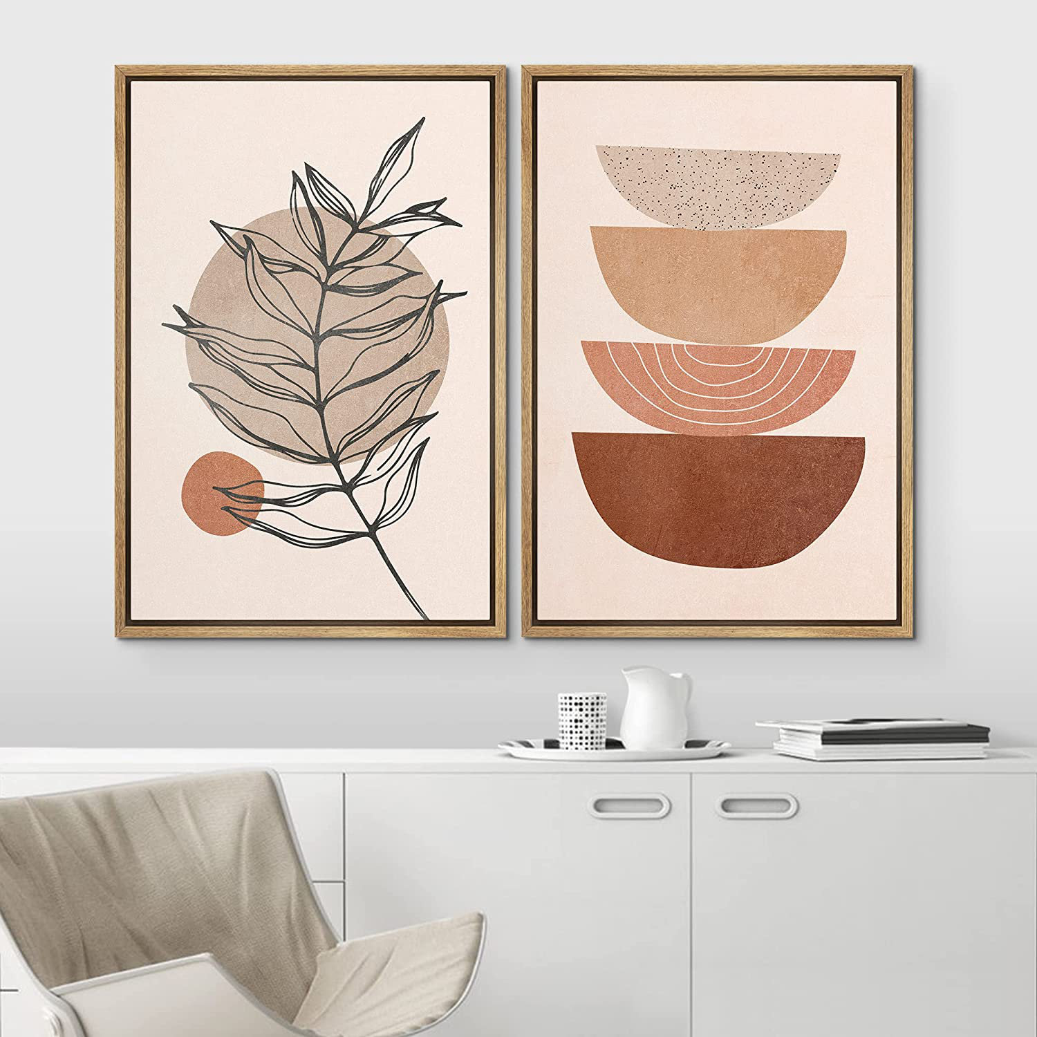 Geometric Mid-Century Pastel Polygon Tropical Leaf Abstract Shapes - 3 Piece Floater Frame Graphic Art Set on Canvas IDEA4WALL Frame Color: Natural, S