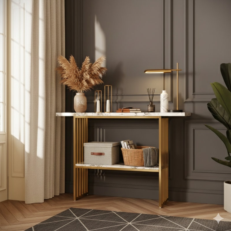 Console moderne avec une structure luxueuse en métal doré et une tablette de rangement chic. Une table d'entrée élégante pour le décor du salon.