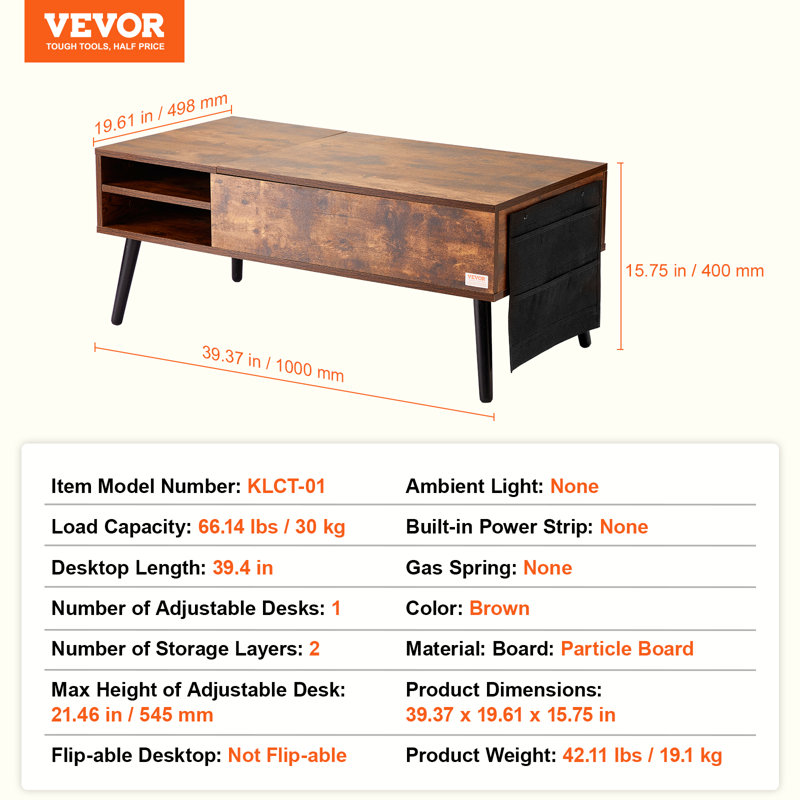 Brown Wood and Metal Lift-Top Coffee Table with Storage