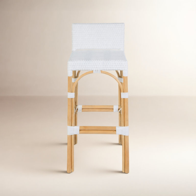 Serienna Blue & White Rattan Low Back Counter Stool, Gray/White Dot, Bar Stool (30" Seat Height)