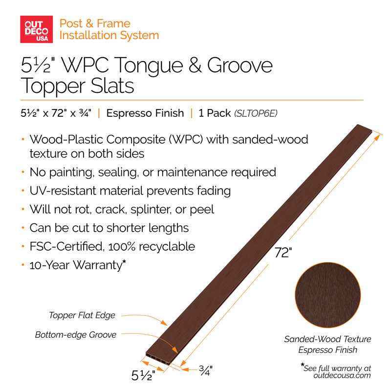 OUTDECO 5.5 in. x 72 in. x .75 in. Wood Plastic Composite Fence Board, Tongue and Groove Topper, Sanded Finish - Espresso