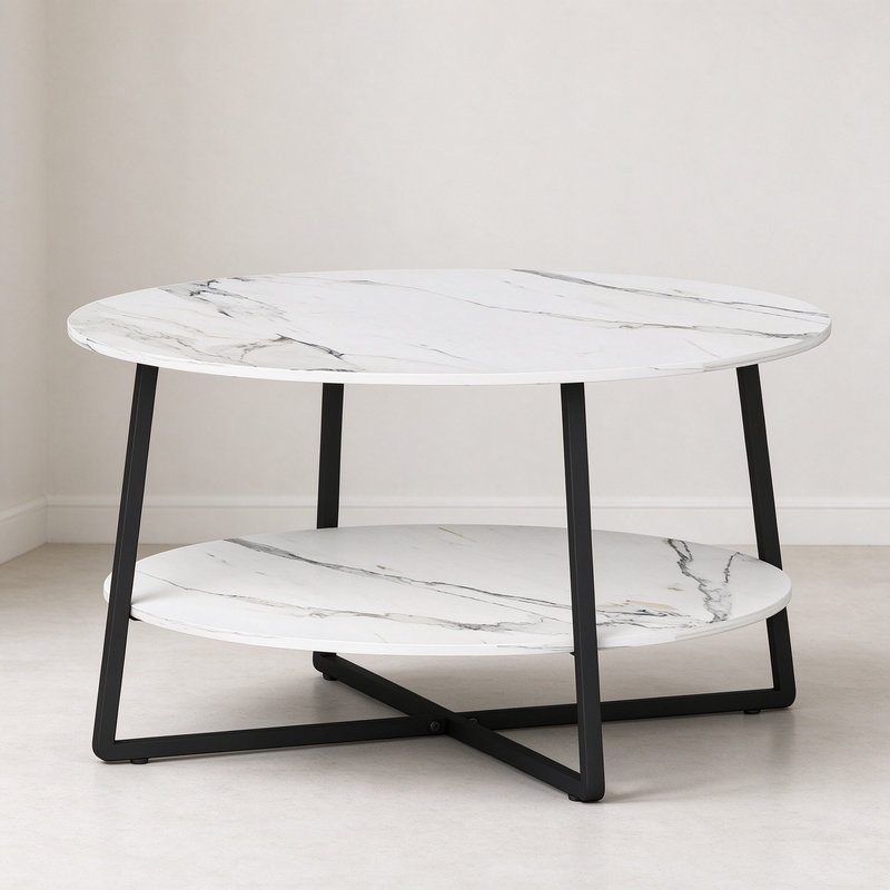 Modern Two Tier Coffee Table Marble-Effect Top for Office & Living Room