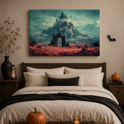Château gothique sur la montagne du crâne avec toile murale d'Halloween flottante