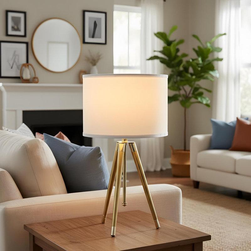 Lampe de table moderne à trépied en laiton / or brillant de 35,5 à 25,75 pouces de hauteur réglable, convenant aux salons, aux tables de chevet et à l'éclairage à DEL