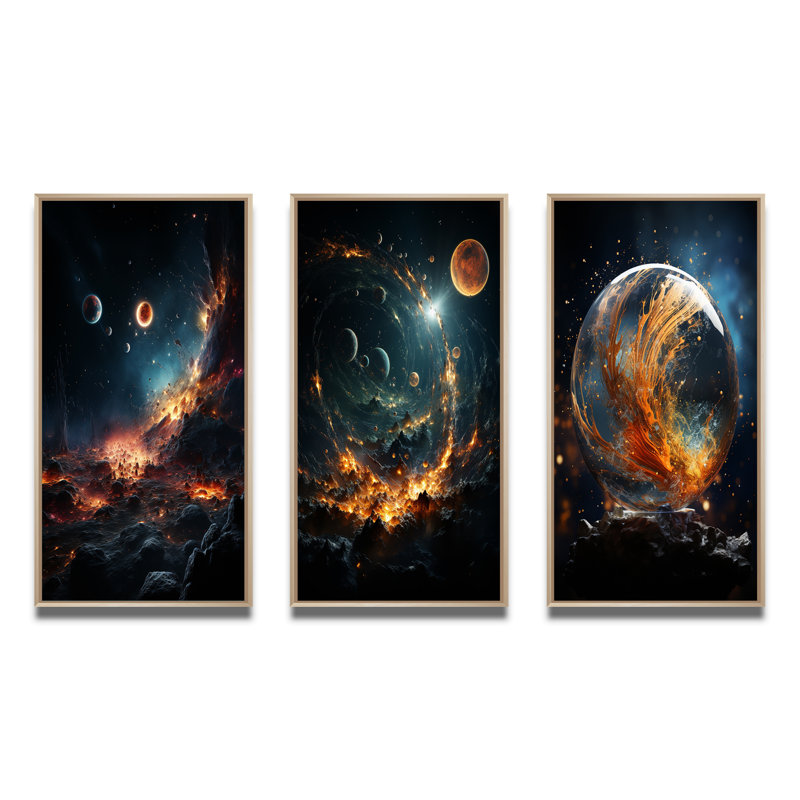 «Galaxies Planets», 3 pièces sur toile, Encadré naturel, H 40 po x l 60 po