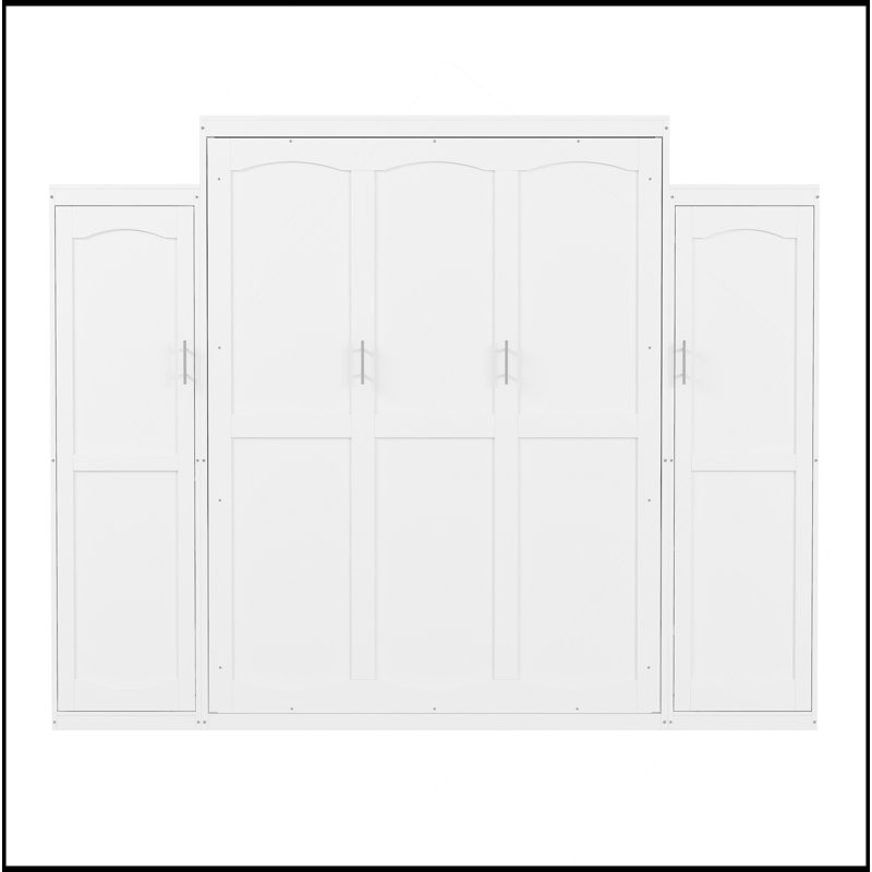 Murphy Bed With 2 Wardrobe And Storage Shelf, Multifunctional Foldable Platform Bedframe For Guest-Room, Bedroom, White