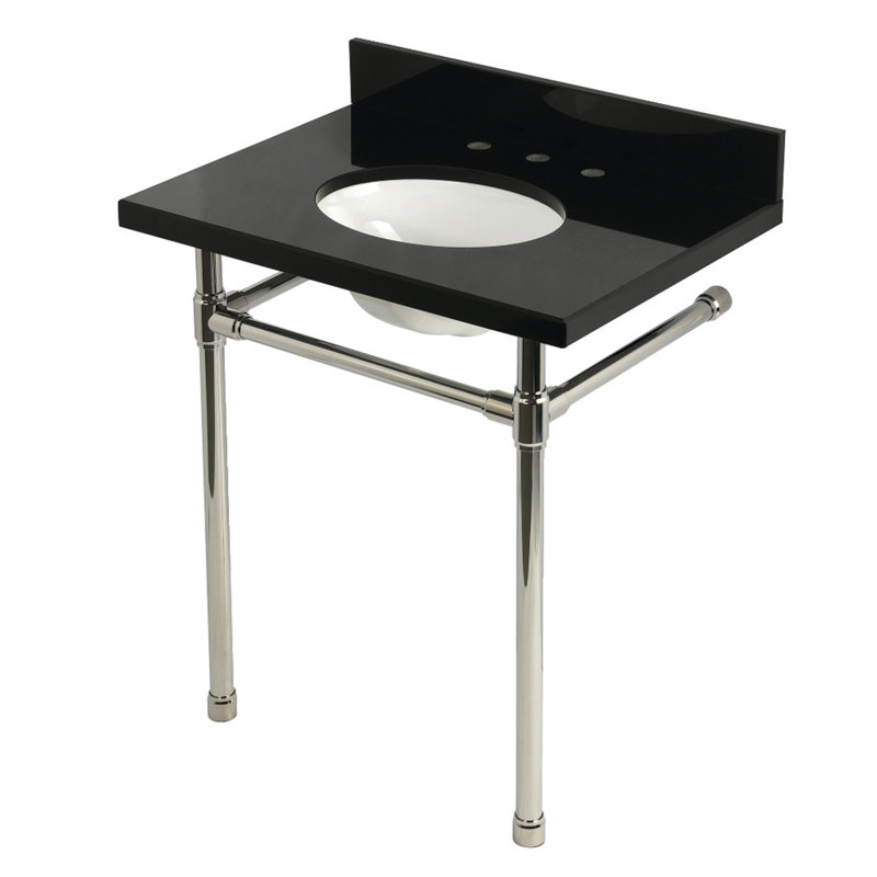 Kingston Brass Dreyfuss 30-Inch Black Granite Console Sink with Stainless Steel Legs (8-Inch, 3-Hole), Polished Nickel