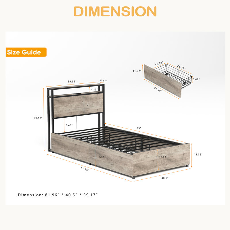 Twin Bed Frame, Storage Headboard With Charging Station, Solid And Stable, Noise Free, No Box Spring Needed, Easy Assembly