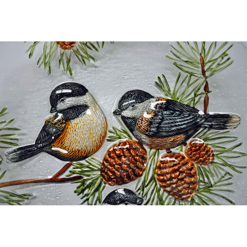 Assiette en verre décorative 18 "avec oiseaux mésanges