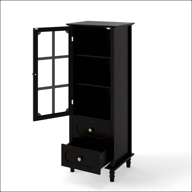 Grande armoire de rangement noire avec porte en verre, 2 tiroirs et tablettes réglables pour une organisation polyvalente et un décor élégant.