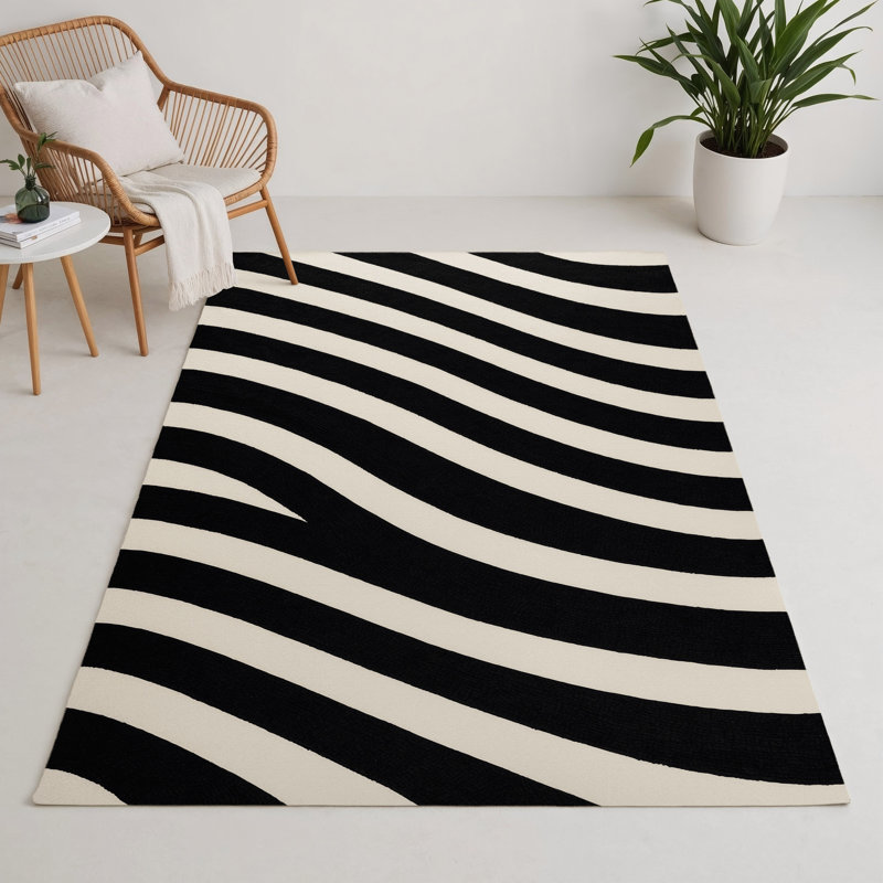 Tapis intérieur / extérieur noir HorizontalStripes, Rectangle 9 pi x 12 pi
