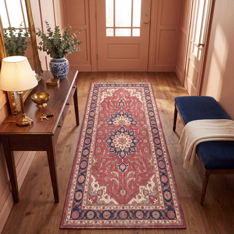Tapis Cliff traditionnel à médaillon délavé de style persan, bleu marine, orange, or, vert, crème, ivoire, lavable à la machine, antidérapant, à poils courts, pour intérieur et extérieur, adapté aux animaux domestiques, idéal pour le salon, la chambre, la salle à manger, l'entrée, le couloir ou le bureau.