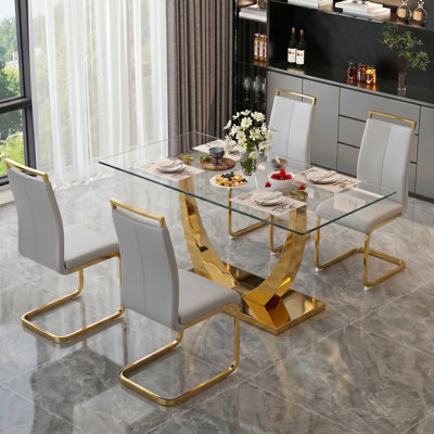 5-Piece Modern Rectangular Glass Top Dining Set with Pedestal Base and Faux Leather Cantilever Chairs