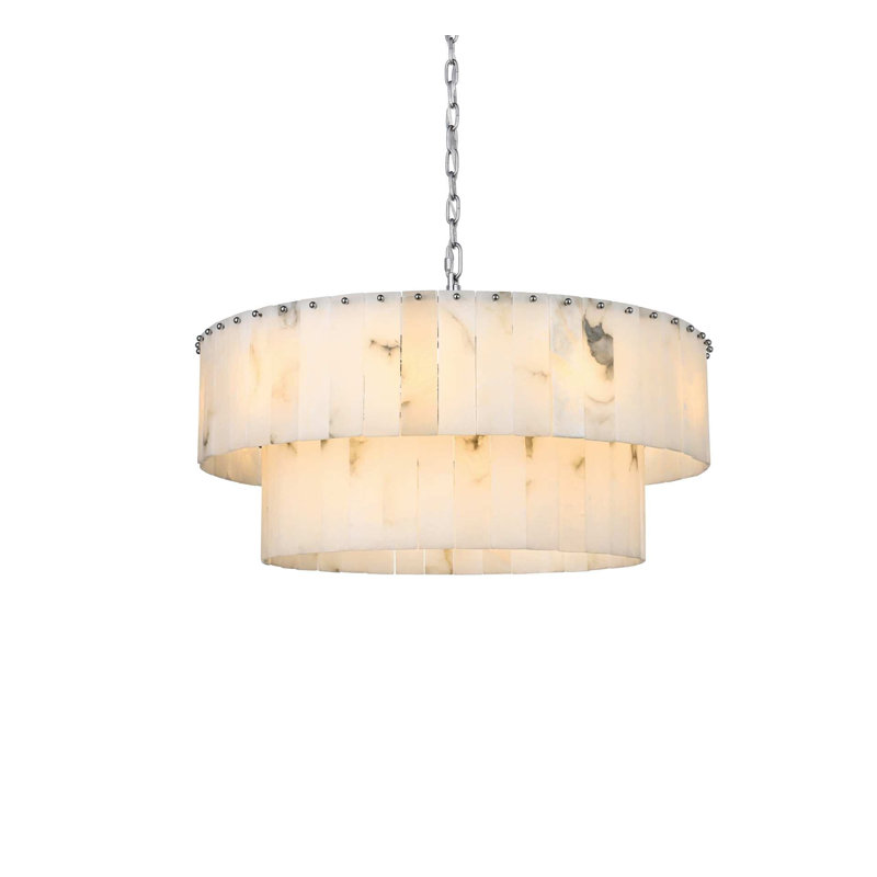 Lustre en albâtre 32 pouces Intisar, H 14 po x l 32 po x P 32 po, Chrome chrome, 18 lumières