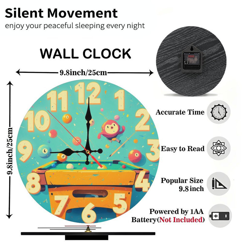 Horloge, billard, piscine, personnage mignon