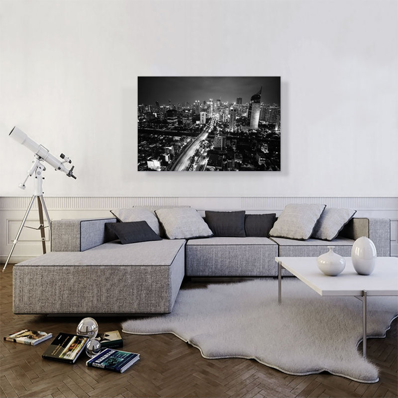 Horizon noir et blanc de Jakarta, en Indonésie - reproduction de photo sur toile tendue, H 26 po x l 40 po x 1,5 po