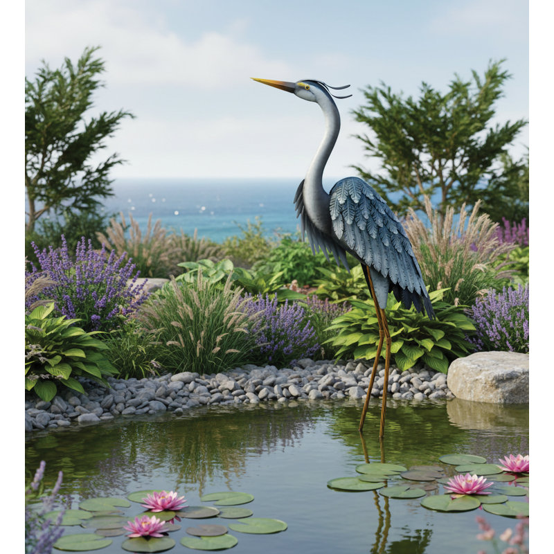 Blue Heron Metal Garden Statue with Weather Resistant Finish and Detailed Three Dimensional Design - Up