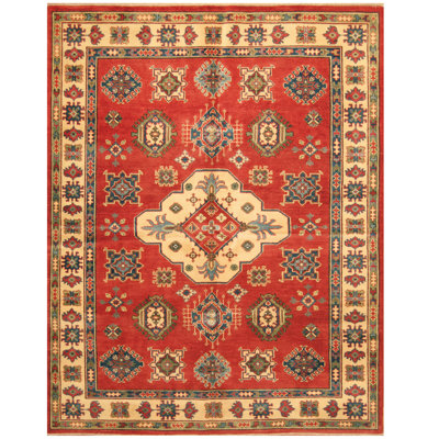 Tapis en laine rouge/beige 5 pi 7 po x 7 pi 2 po one-of-kind-noué la main Jevon