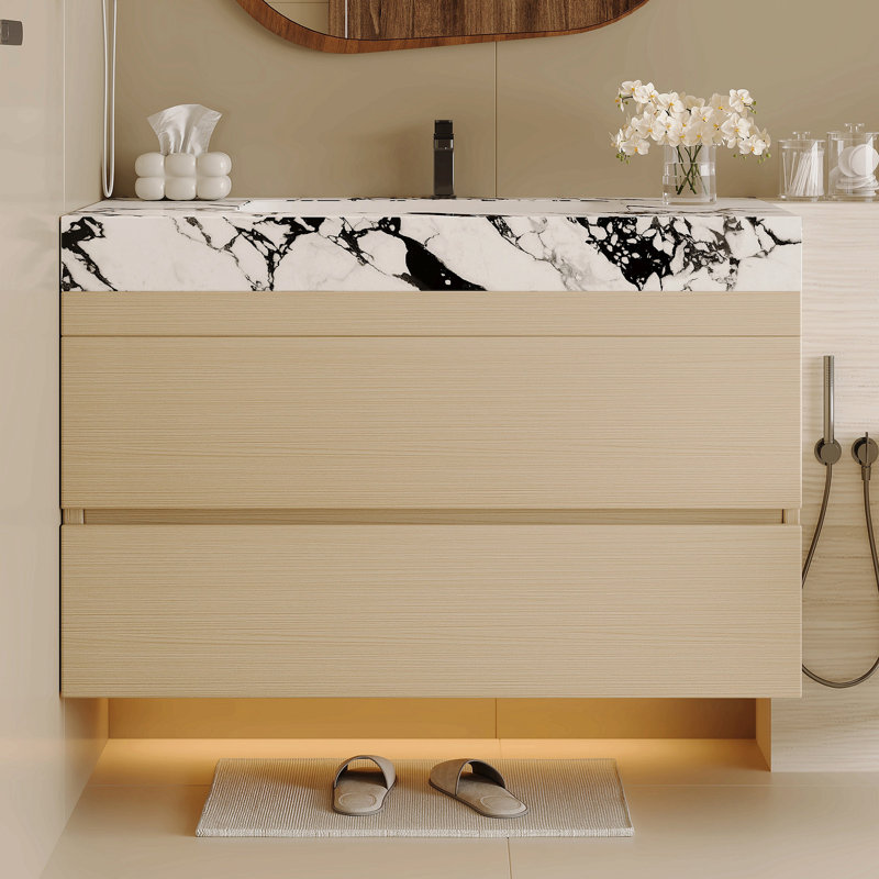 Meuble-lavabo flottant moderne 29,9 po avec comptoir en faux marbre et lavabo encastré en céramique, fixé au mur pour les petites salles de bain et les appartements