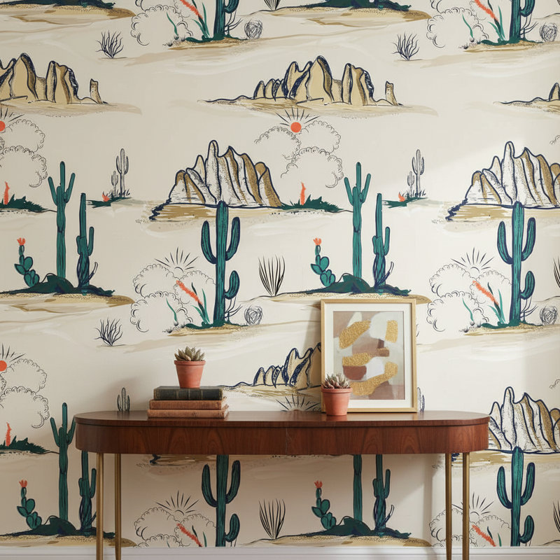Papier peint paysage désertique Cactus, murale bohémienne
