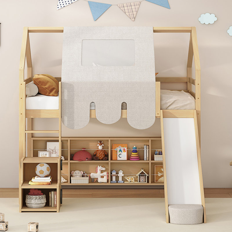 Lit mezzanine simple avec structure en forme de maison et tente, Blanc