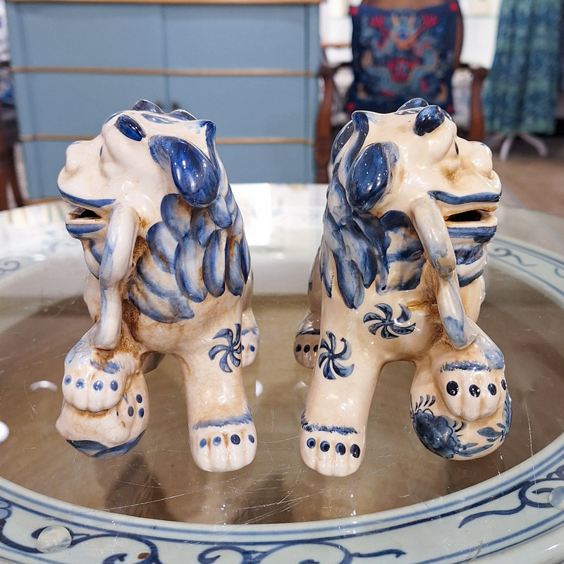 Small Pair of Lucky Foo Dog Figurine, 5.5" H x 7" W x 3.5" D, Blue/Cream