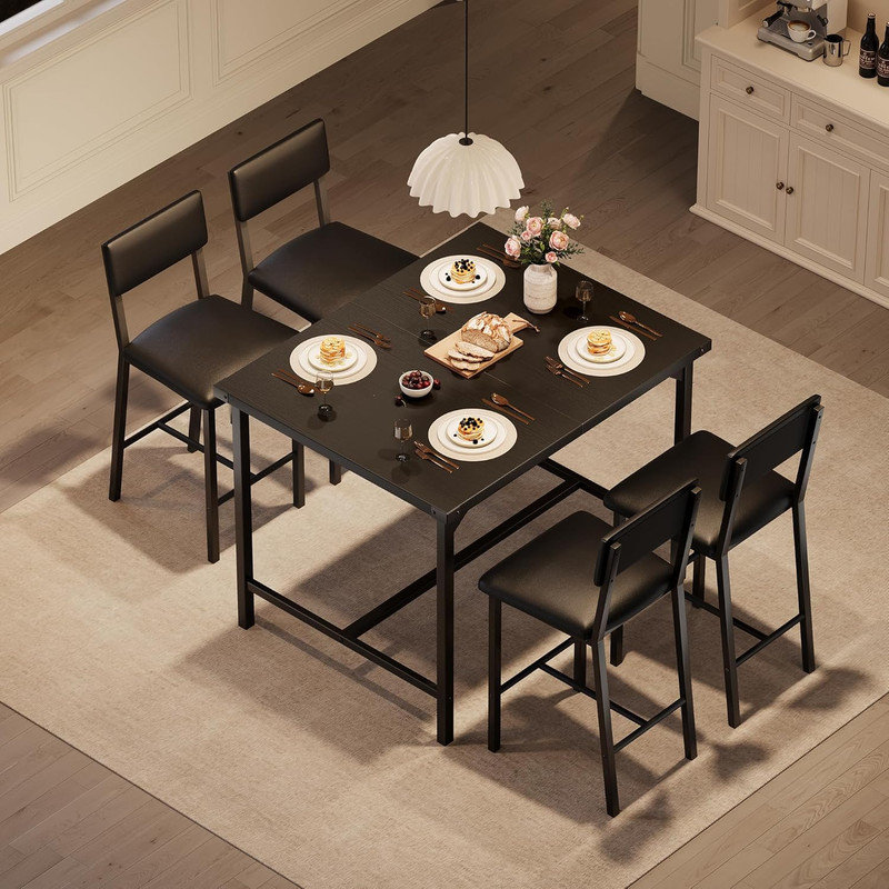 Dining Table Set for 4 – 5-Piece Counter Height Table with 4 Upholstered Bar Stools, Footrest & Corner Protector for Kitchen, Apartment
