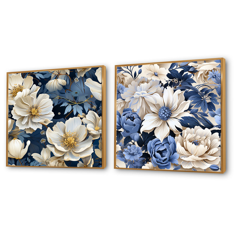 Oxley - Ensemble de 2 collages floraux carrés, Cadre flottant doré, H 30 po x l 61 po