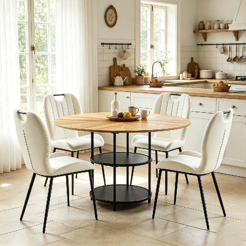 Ensemble de table de salle à manger ronde pour 4 personnes, ensemble de table de salle à manger de ferme de 47,3 po avec 4 chaises rembourrées et tablette de rangement, plateau de table en bois avec structure en métal, bois fendu