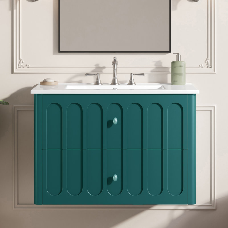 Meuble-lavabo flottant 30 po avec lavabo en céramique, Vert