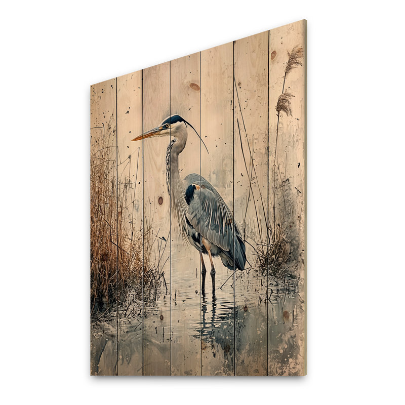 Héron relaxant dans le marais - Décoration murale en bois animal héron - sur bois de pin naturel