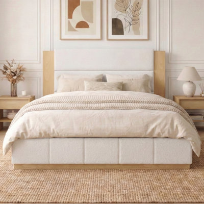 Upholstered Platform Bed With Extended Wood Headboard, Slatted Support