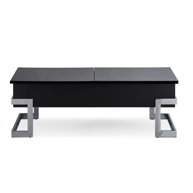 Table basse noire brillante et chromée avec plateau relevable