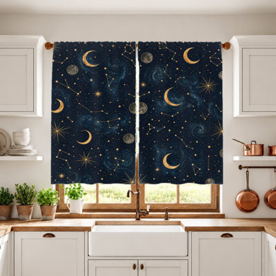2Pcs Celestial Pattern Curtains, Light Filtering Fabric, Vintage and Mysterious Constellation Moon Print, Sunshade Privacy Protection, Rod Pocket Design, Suitable for Living Room, Bedroom, Balcony, Kitchen Home Decoration