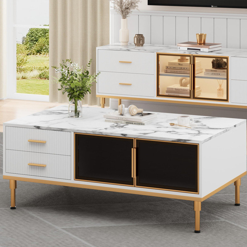 Table basse, table basse moderne pour le salon avec 4 tiroirs, armoires vitrées, conception de panneau cannelé en faux marbre, solution de rangement élégante
