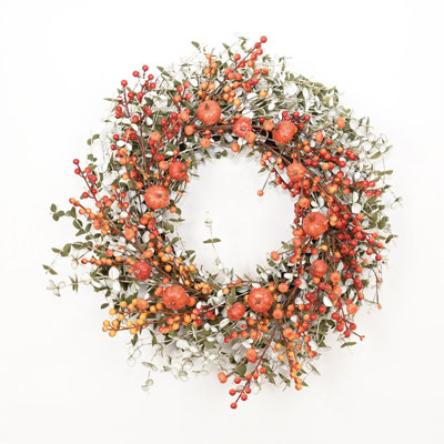 24" Artificial Farmhouse Thanksgiving Day Berry Pumpkin Blossom Cluster Mini Eucalyptus Twig Fall Wreath For Front Door