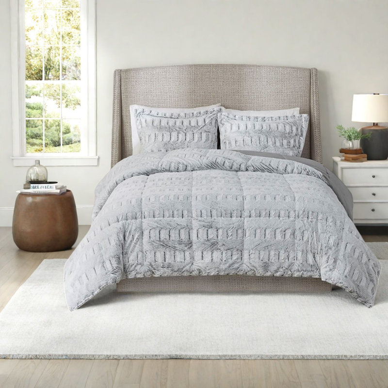 Luxurious Grey Bedding Set, Soft Faux Fur Reversible Comforter For Home