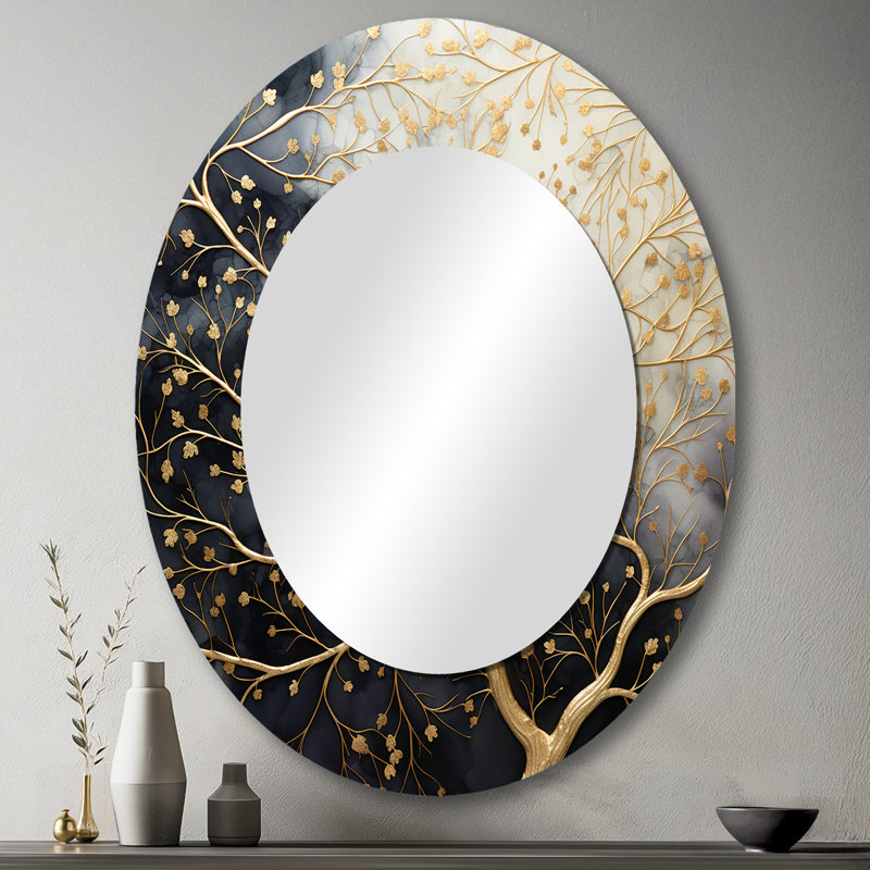 Golden Branch Tree Luminous Tangle II - Tree Monochrome Round Mirror Wall Decor, 40 po x 30 po, Ovale