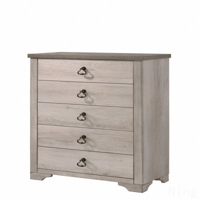5-Drawer Chest (Chest Of Drawers), 1Pc Cottage Style Distressed  Driftwood Finish Contrasting Weathered Brown Top Traditional Ring Pull Hardware Wooden