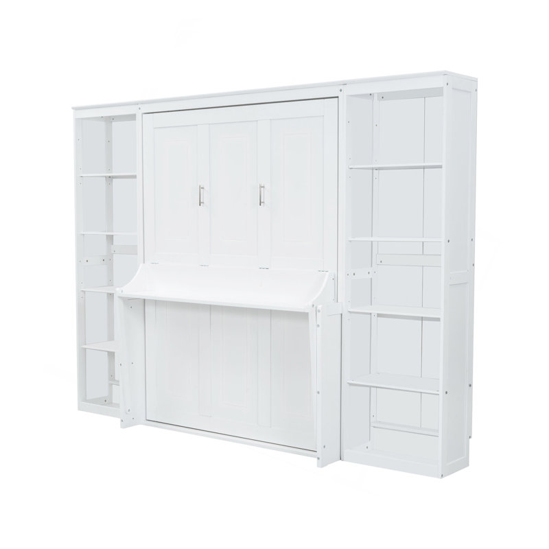 Lit escamotable double avec bureau et bibliothèque, blanc