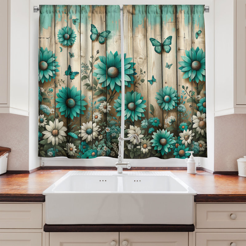 Turquoise and Gray Floral Polyester Kitchen Curtains Set