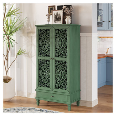 Armoire de rangement de 55 po de hauteur avec tiroir Rustic - Armoire décorative en bois sculpté vert antique avec pieds en bois massif pour le salon, le couloir et la salle à manger