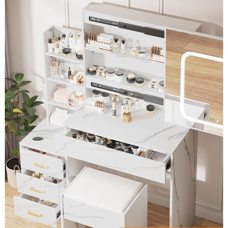 Coiffeuse de maquillage avec miroir coulissant à DEL, prise de courant et ports USB, 4 tiroirs de rangement, tablettes ouvertes et tabouret, coiffeuse de chambre à coucher avec éclairage réglable