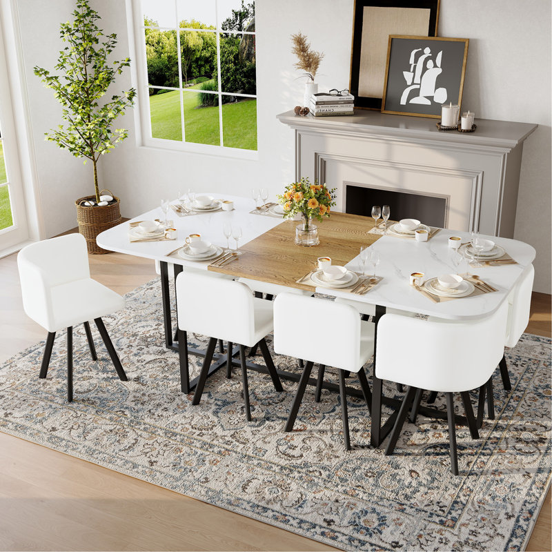 Ensemble de table de salle à manger 9 pièces, plateau de table fixe en simili marbre blanc et grain de bois avec 8 chaises en cuir PU blanc, ensemble de table de cuisine moderne pour 8 personnes, idéal pour les réunions de famille, la salle à manger