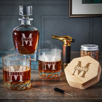 Ensemble de fumage à whisky gravé avec 2 verres et décanteur